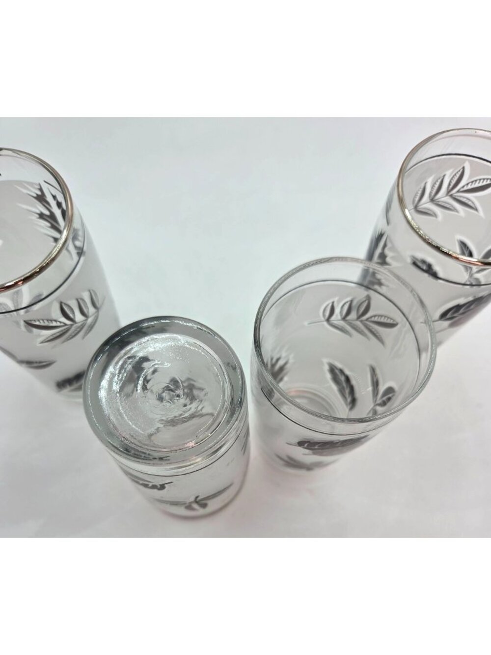 Vtg Silver Leaf Foliage Highball Glasses Metallic Rim 4" Tall Set of 4 MCM - Picture 4 of 6